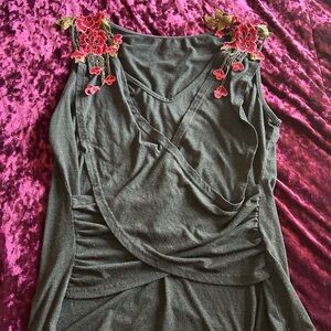 Gray Sleeveless Top with Floral Embroidery